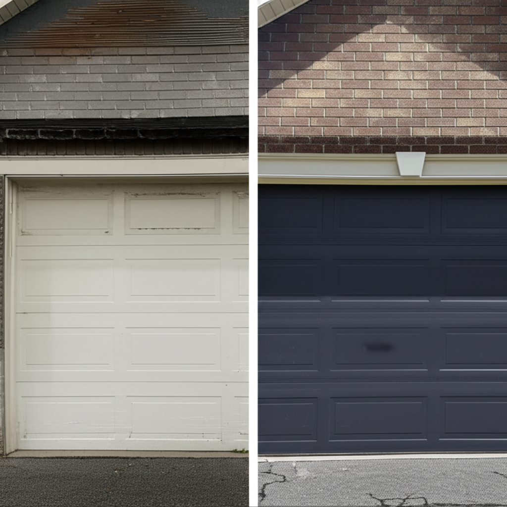 Before and after garage door replacement in Mount Vernon